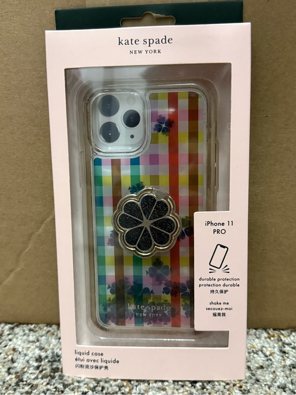 kate spade Multicolor Plaid iPhone 11 Pro Case with Black Glitter Flower Grip